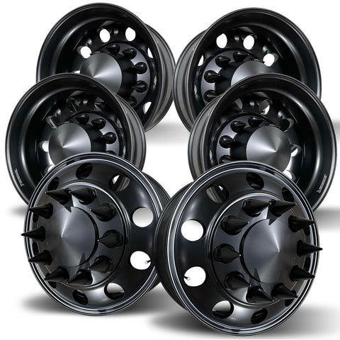 22.5 Black Aluminum Hub Pilot 6 Wheel Kit Lunar Style