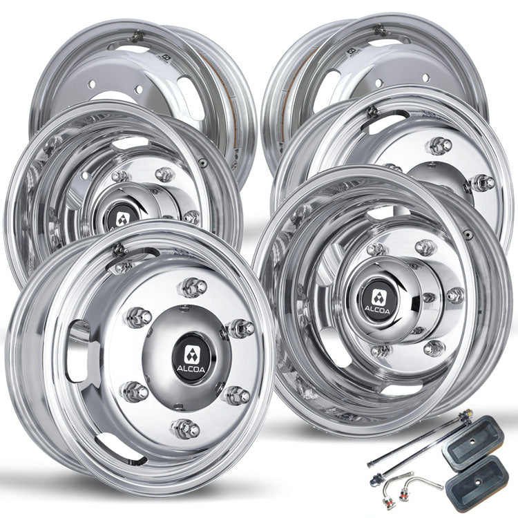 Full Kit with 4 16.5" x 5.5" Alcoa Dura-Bright EVO Aluminum Wheels and 2 Alcoa Inner Rear Wheels. Kit Includes Valve Stems.