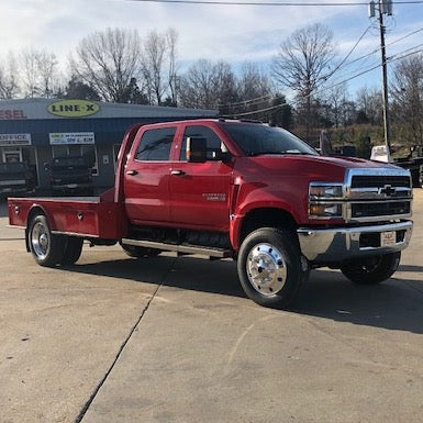 Red Chevy 4500 riding on 22.5x7.5 Alcoa 8x275mm Hub Pilot High Polished Both Sides