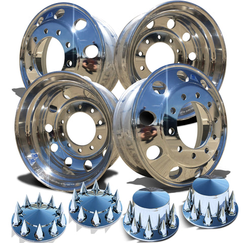 22.5 Alcoa LvL ONE Truck Wheels Chrome 076188 & 077188 Pointed Hub Cover with Spike Lug Nut Cover Kits