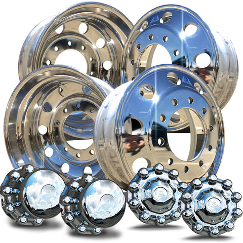 Alcoa's Mirror Polish on 22.5" x 8.25" 4 Wheel Kit with One Piece Hub Cover Option