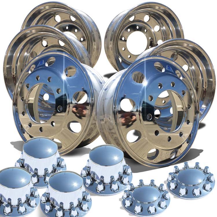 22.5 Alcoa LvL ONE Truck Wheels Chrome 076188 & 077188 Alcoa Rounded Caps Regular Nut Covers