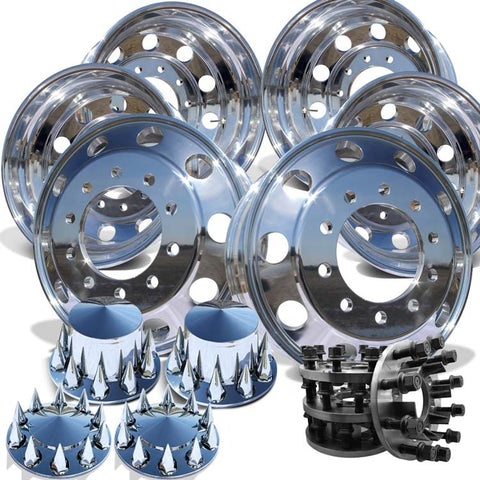 24" Polished Aluminum Wheels w/ Adapter Kit and Chrome Caps (Ford F350 350 DRW 1984-1997)